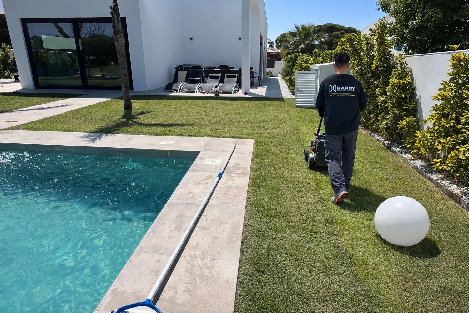 Un profesional del equipo Handy cortando el césped junto a una piscina