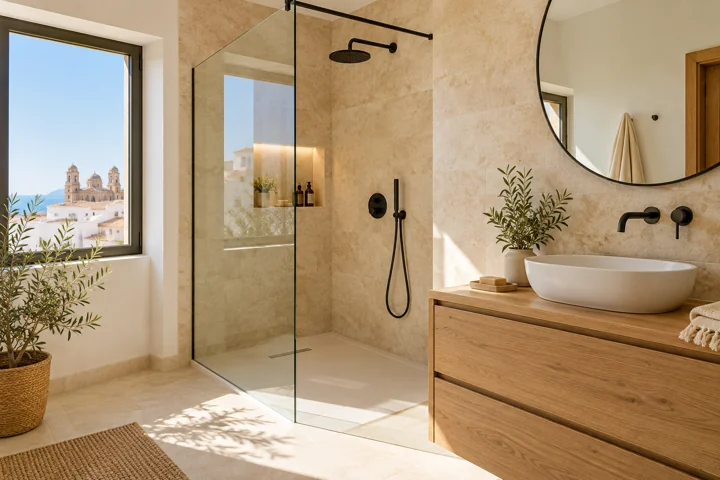 Imagen ilustrativa de un baño reformado con ducha a ras de suelo y mueble de madera