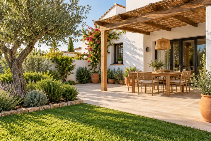 Imagen ilustrativa de un patio mediterráneo con pérgola, plantas y césped